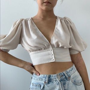 Forever 21 Plunging Puffed Sleeve Cropped Blouse